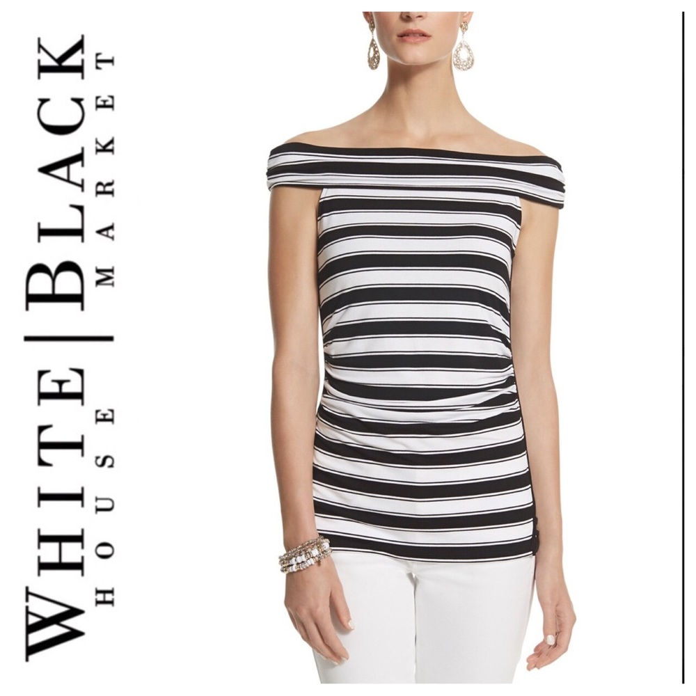 WHITE HOUSE BLACK MARKET STRIPED OFF THE SHOULDER TOP MEDIUM